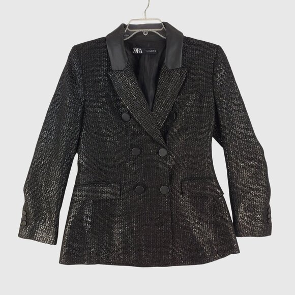 Zara Women’s Black Metallic Tweed Blazer With Satin Collar Double-Breasted Sz L - Picture 1 of 9